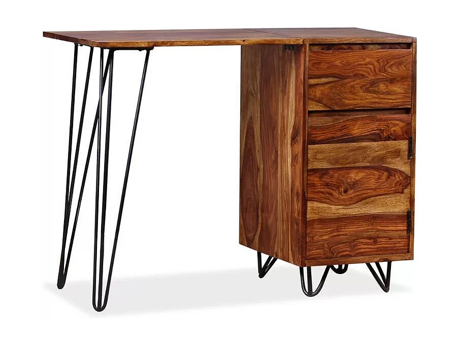 Bureau 1 porte 1 tiroir sesham massif foncé et métal noir Tex