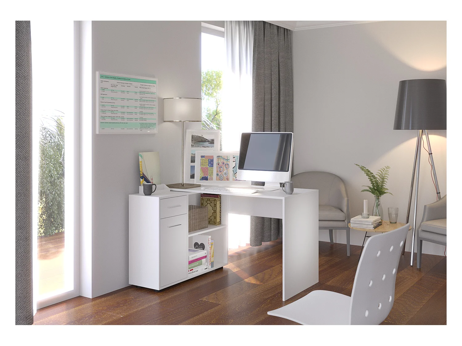 Bureau d'angle modulable blanc avec rangement Paulo 120cm