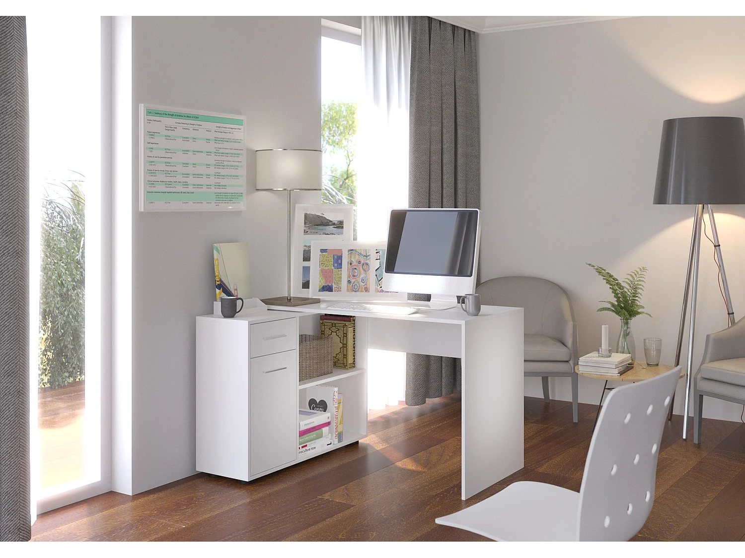 Bureau d'angle modulable blanc avec rangement Paulo 120cm