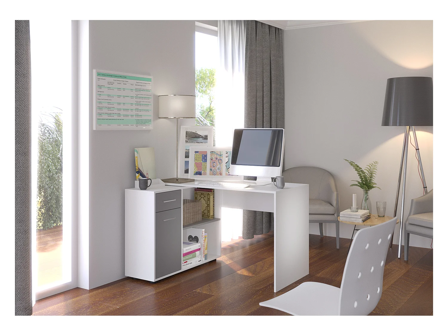 Bureau d'angle modulable blanc et gris avec rangement Paulo 120cm