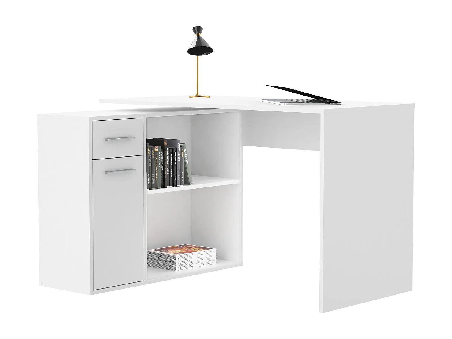 Bureau d'angle modulable blanc et gris avec rangement Paulo 120cm