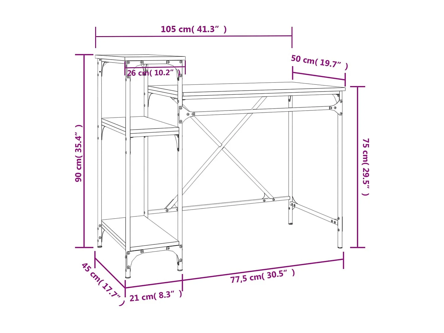 Bureau avec étagères noir 105x50x90 bois d'ingénierie et fer