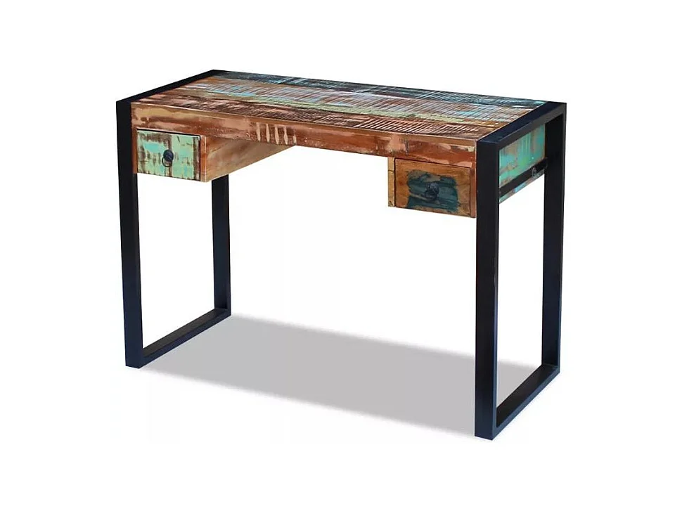 Bureau 2 tiroirs 1 porte bois massif recyclé multicolore et métal noir Moust 110cm