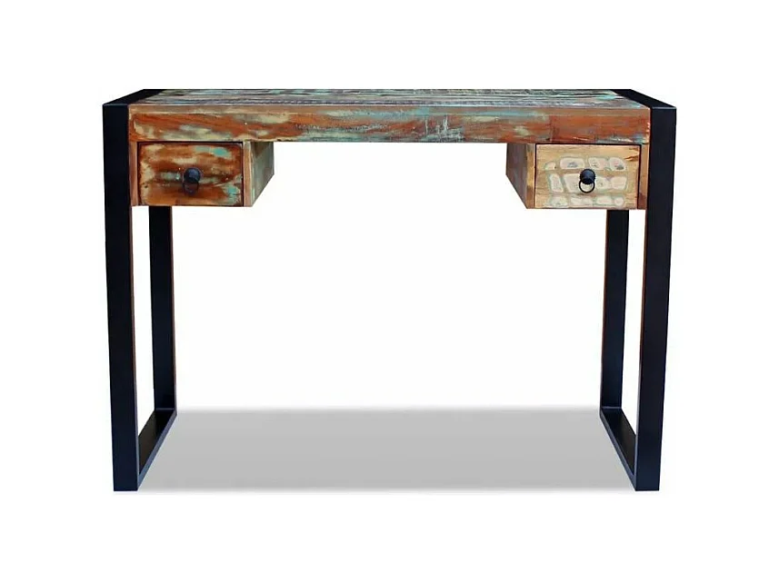 Bureau 2 tiroirs 1 porte bois massif recyclé multicolore et métal noir Moust 110cm