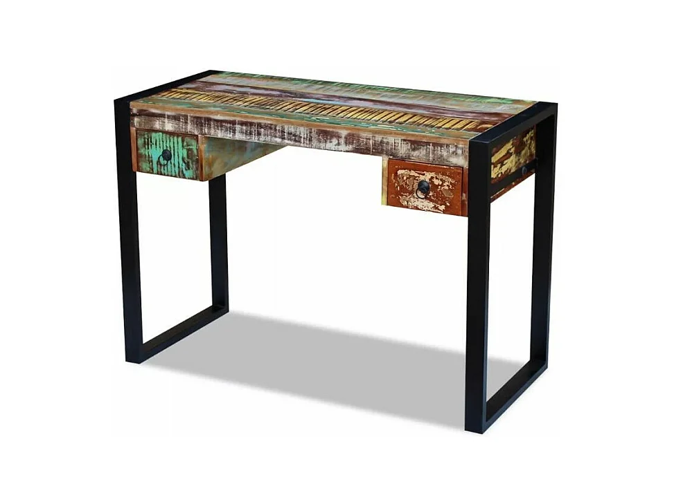 Bureau 2 tiroirs 1 porte bois massif recyclé multicolore et métal noir Moust 110cm