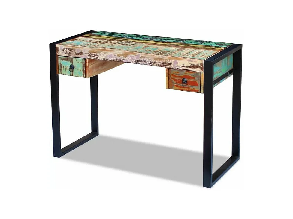 Bureau 2 tiroirs 1 porte bois massif recyclé multicolore et métal noir Moust 110cm