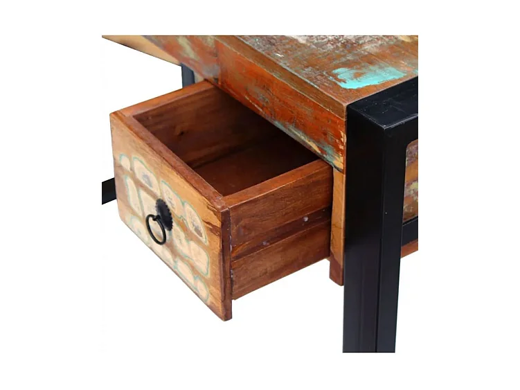 Bureau 2 tiroirs 1 porte bois massif recyclé multicolore et métal noir Moust 110cm