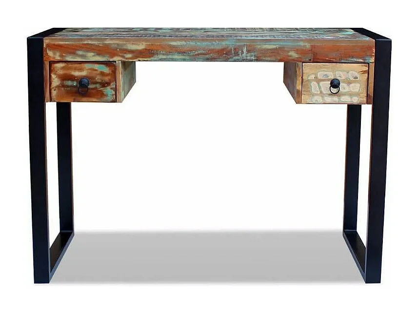 Bureau 2 tiroirs 1 porte bois massif recyclé multicolore et métal noir Moust 110cm