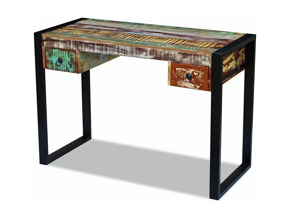 Bureau 2 tiroirs 1 porte bois massif recyclé multicolore et métal noir Moust 110cm