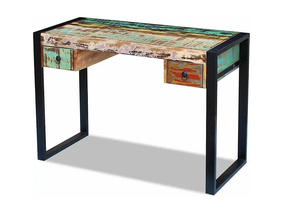Bureau 2 tiroirs 1 porte bois massif recyclé multicolore et métal noir Moust 110cm