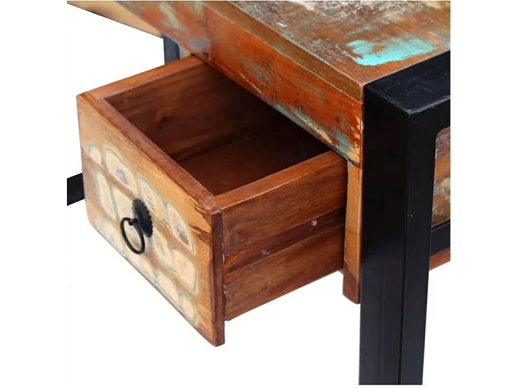 Bureau 2 tiroirs 1 porte bois massif recyclé multicolore et métal noir Moust 110cm