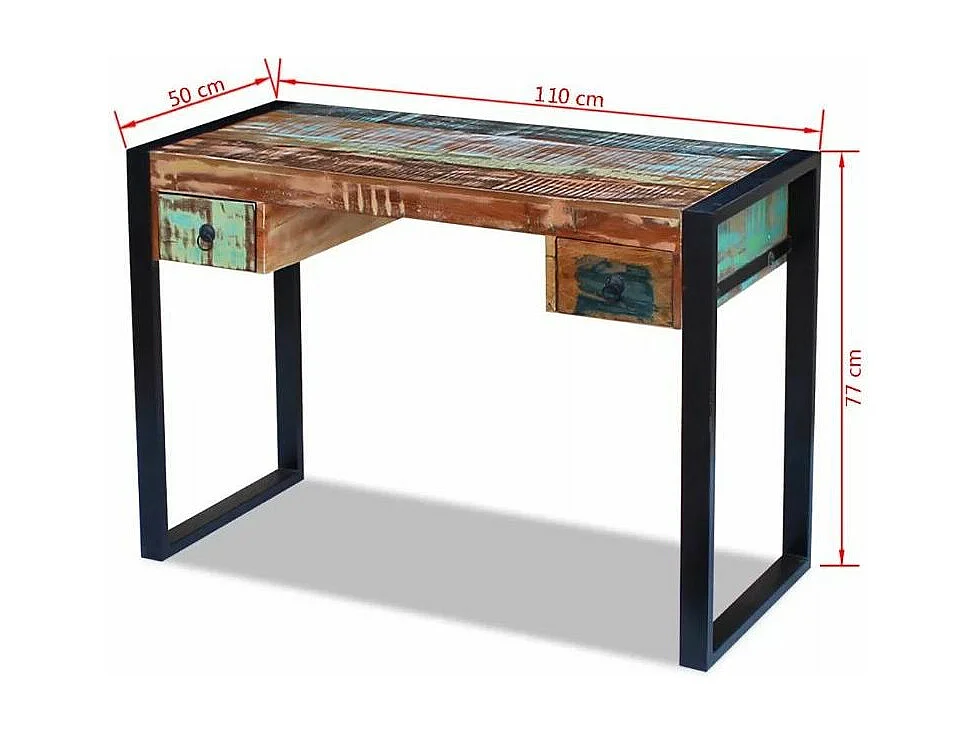 Bureau 2 tiroirs 1 porte bois massif recyclé multicolore et métal noir Moust 110cm