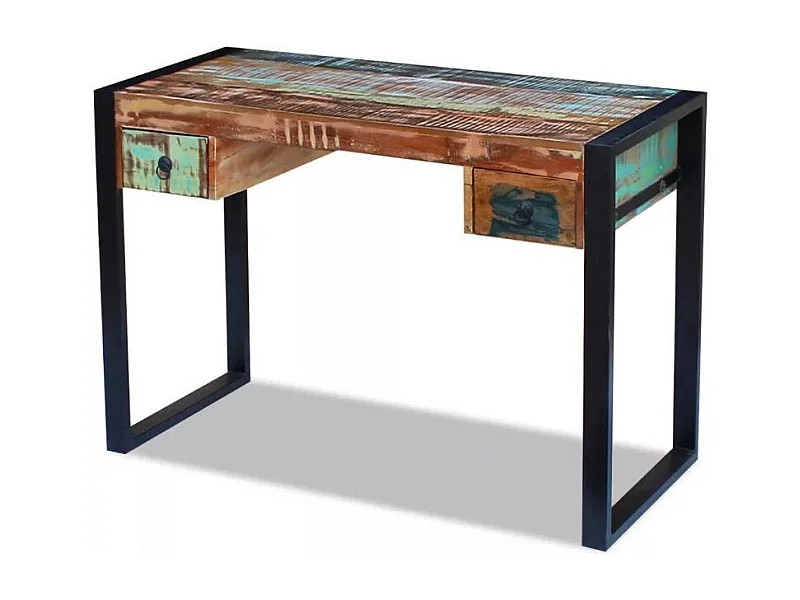 Bureau 2 tiroirs 1 porte bois massif recyclé multicolore et métal noir Moust 110cm