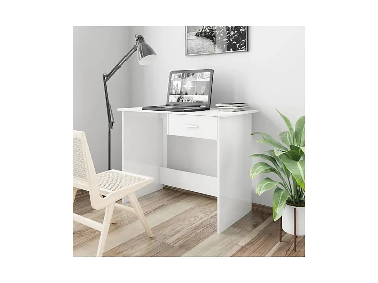 Bureau 1 tiroir bois blanc brillant Athena