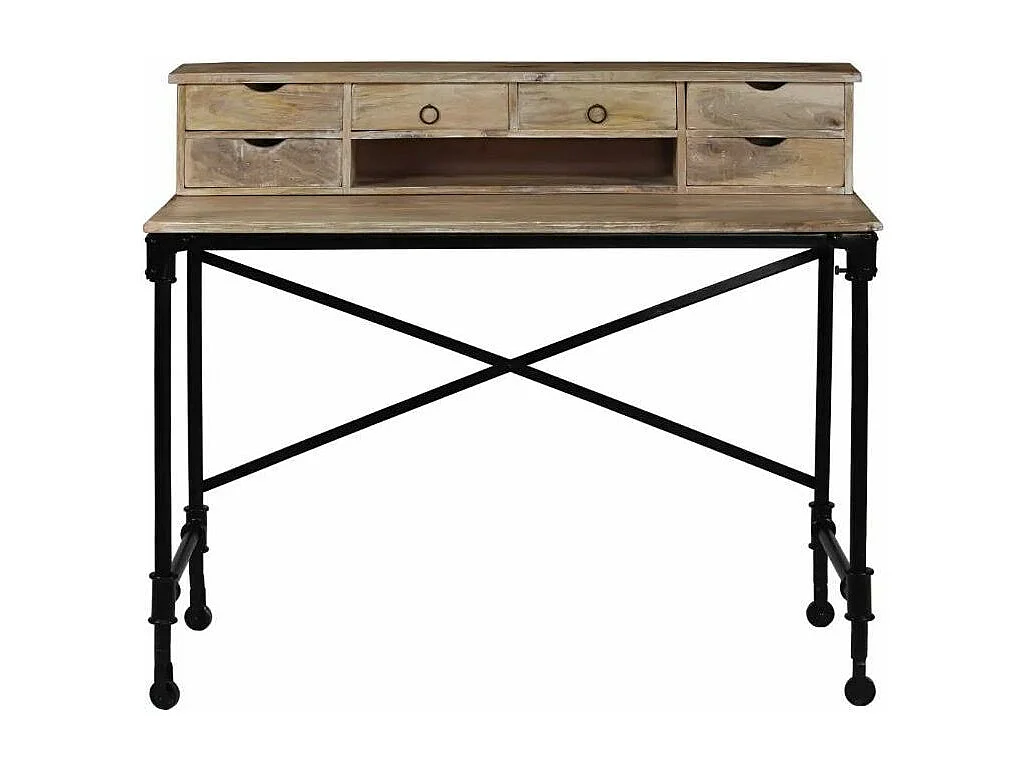 Bureau 6 tiroirs 1 niche manguier massif clair laqué et métal noir Sytrana