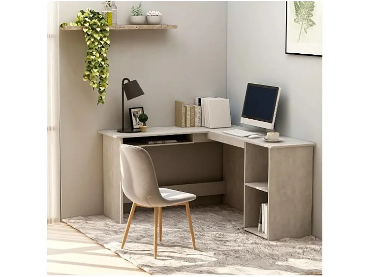 Bureau d'angle 1 tiroir 2 étagères bois gris béton Jayden