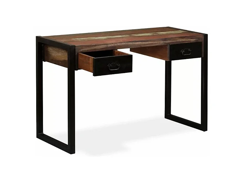 Bureau 2 tiroirs bois massif recyclé et métal noir Boust