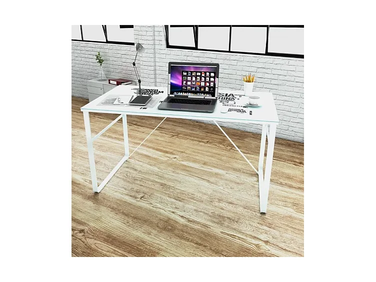 Bureau verre trempé à motif et métal blanc Holy