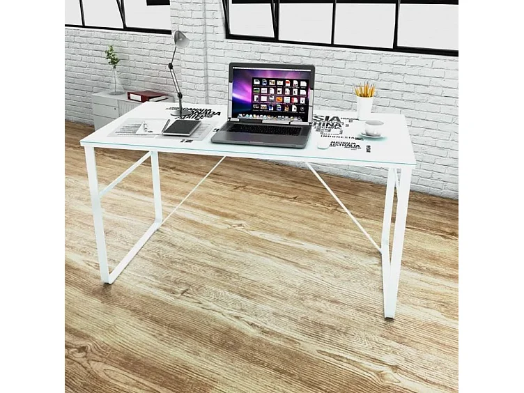 Bureau verre trempé à motif et métal blanc Holy