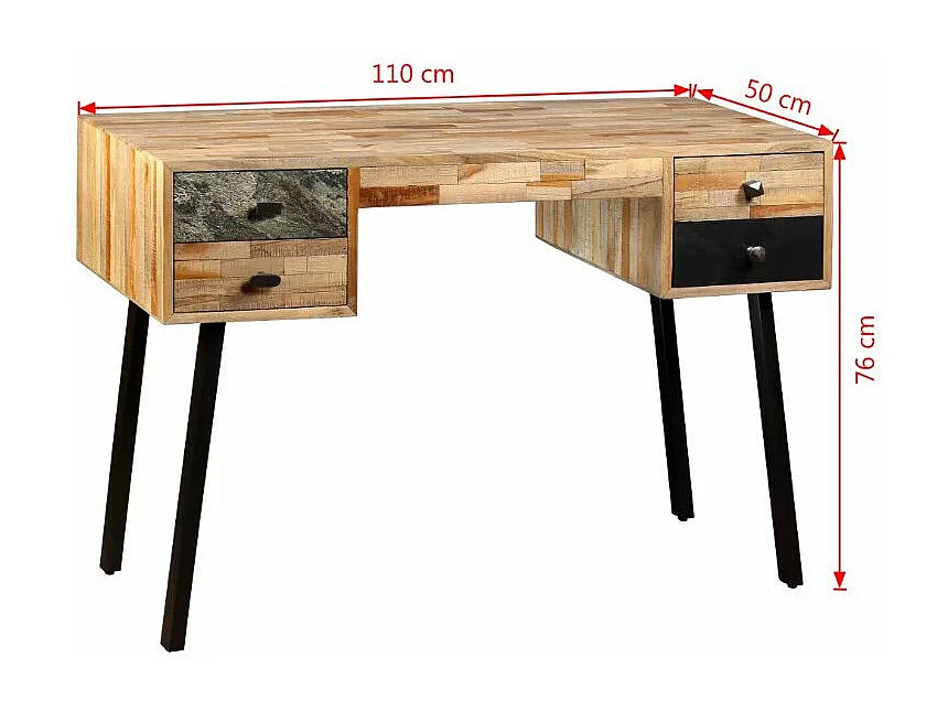 Bureau 4 tiroirs teck massif recyclé et pieds métal noir Voust