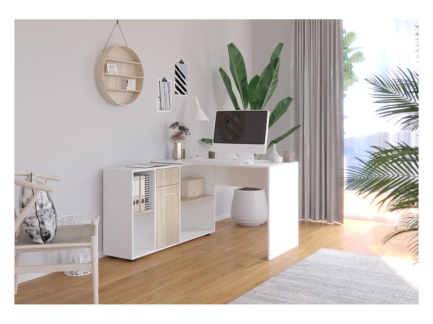 Bureau d'angle modulable blanc et naturel avec rangement Kalilo 120cm