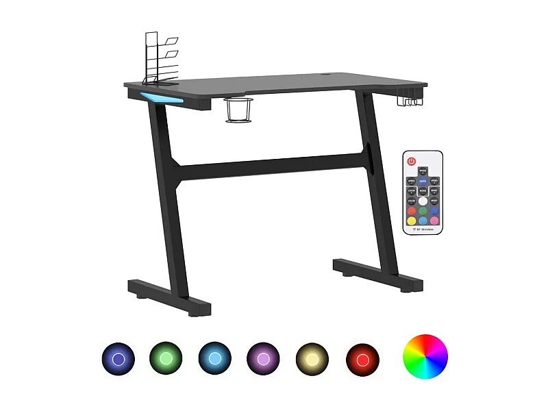 Bureau de jeu à LED avec pieds en forme de Z Noir 90x60x75