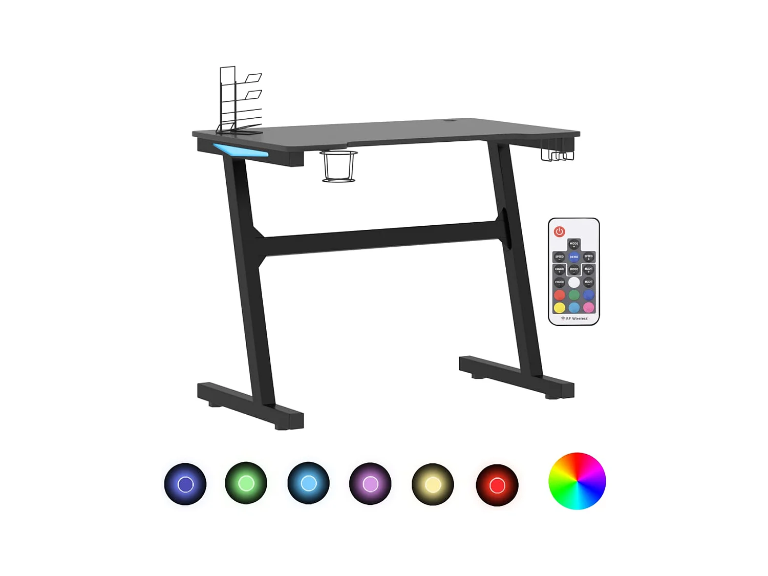 Bureau de jeu à LED avec pieds en forme de Z Noir 90x60x75