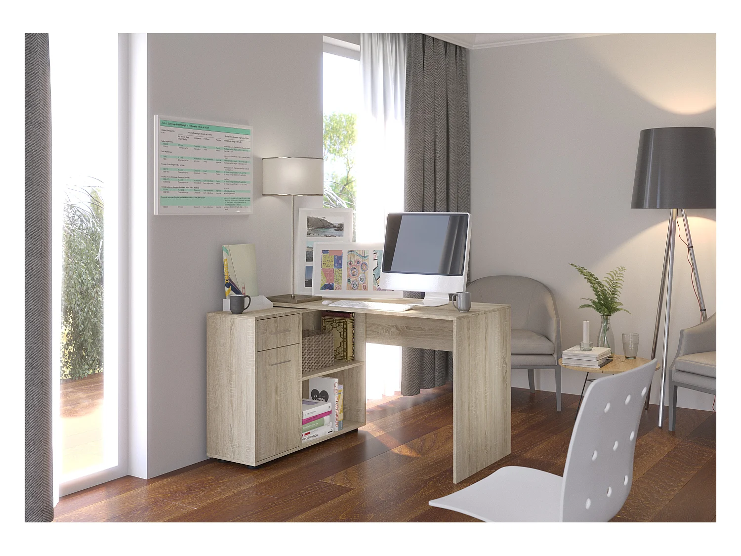 Bureau d'angle modulable bois clair avec rangement Paulo 120cm