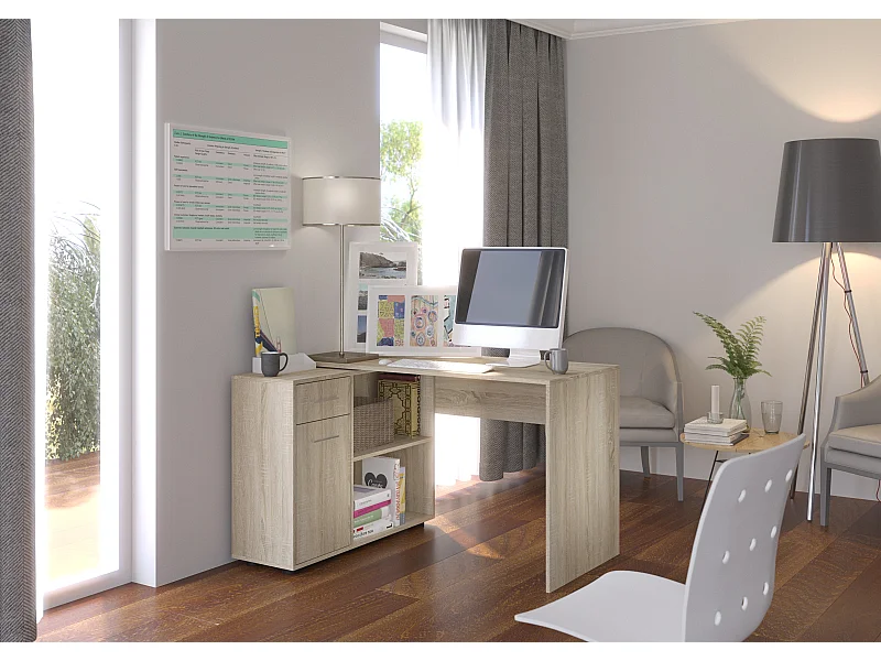 Bureau d'angle modulable bois clair avec rangement Paulo 120cm
