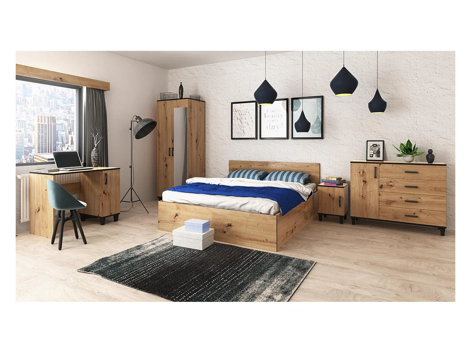 Nachttisch Vanessa Nachtkommode Nachtschrank Schlafzimmer ( eiche Artisan und schwarz )