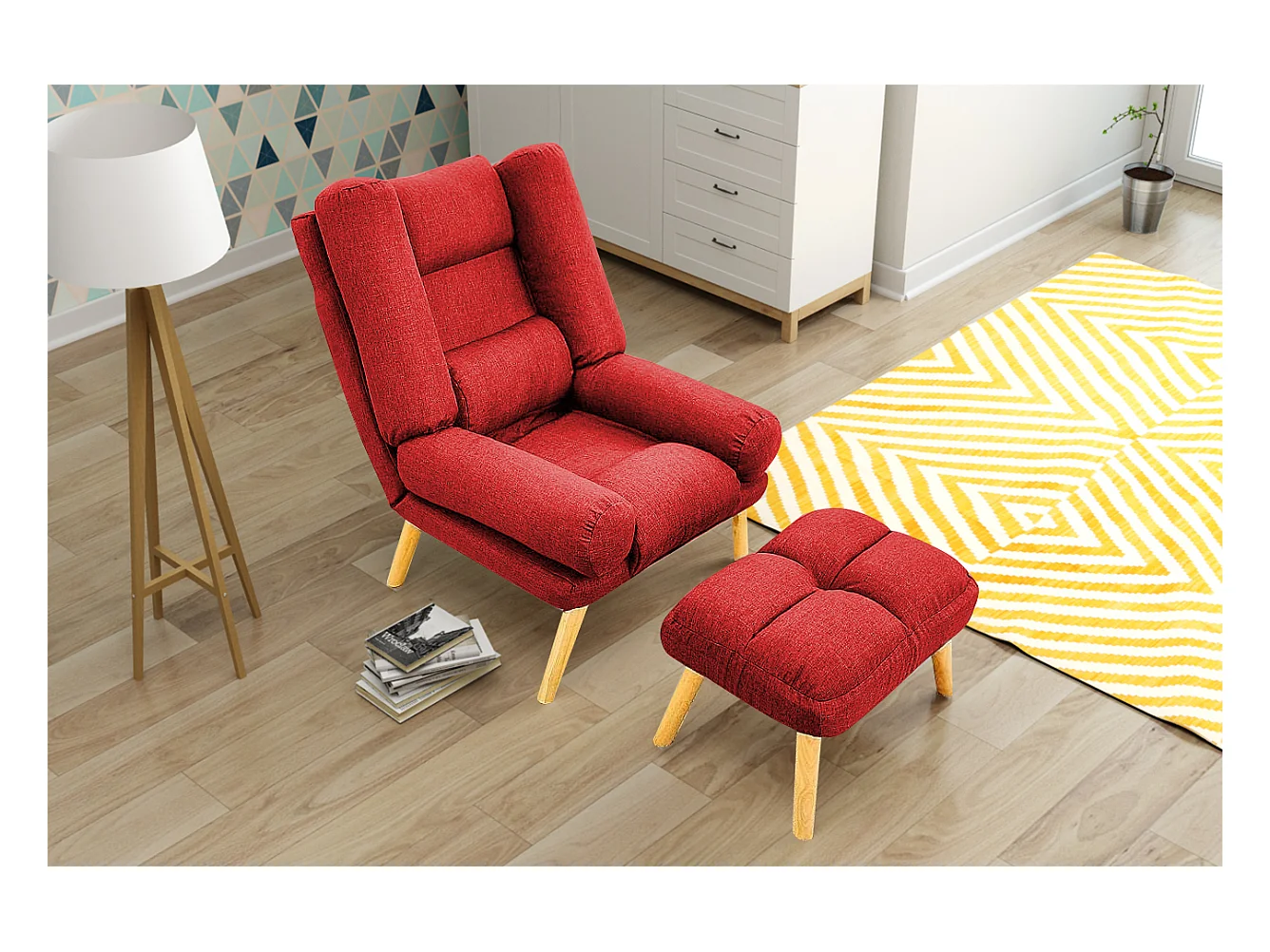 Liegesessel Sessel Relaxsessel Lola mit Fußhocker Rückenlehne 5-stufig einstellbar Farbe: Falcone 35 - rot