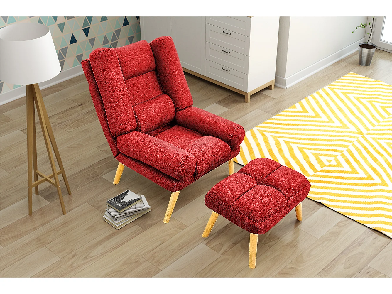Liegesessel Sessel Relaxsessel Lola mit Fußhocker Rückenlehne 5-stufig einstellbar Farbe: Falcone 35 - rot