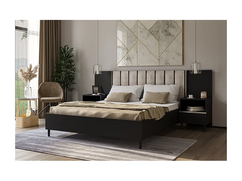 Doppelbett Luk I 160 x 200 cm ohne Matratze Bett mit Lattenrost Jugendbett Kopfteil mit Bettkasten ohne Nachttisch (schwarz, Jasmine 21 - beige)