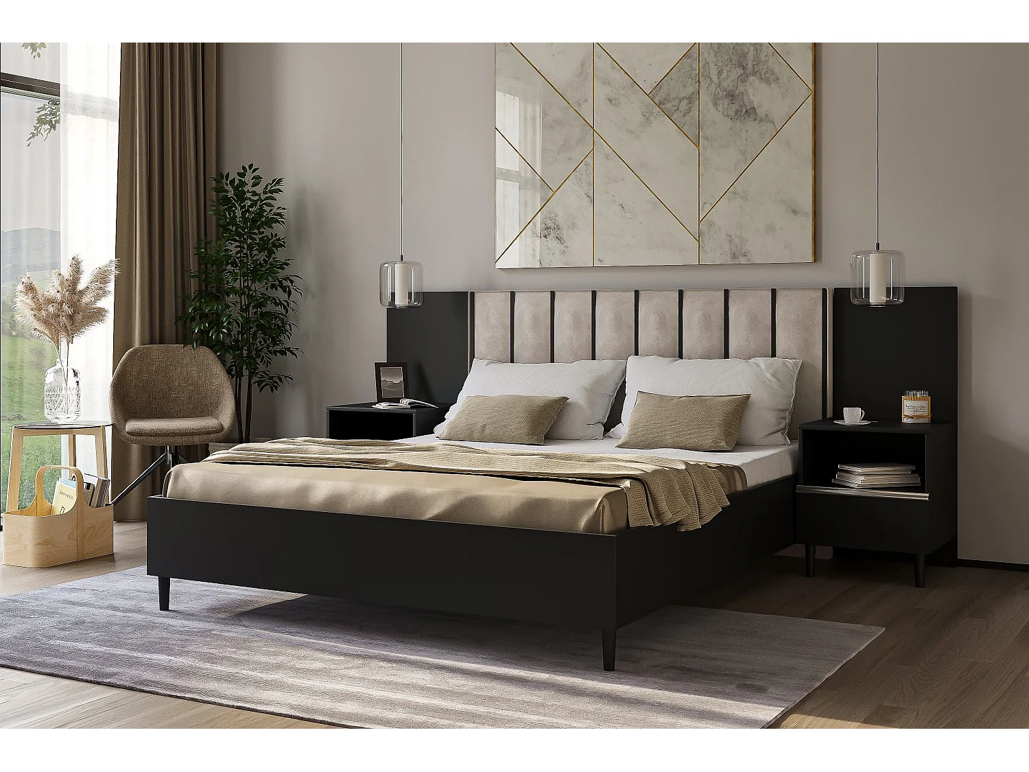 Doppelbett Luk I 160 x 200 cm ohne Matratze Bett mit Lattenrost Jugendbett Kopfteil mit Bettkasten ohne Nachttisch (schwarz, Jasmine 21 - beige)