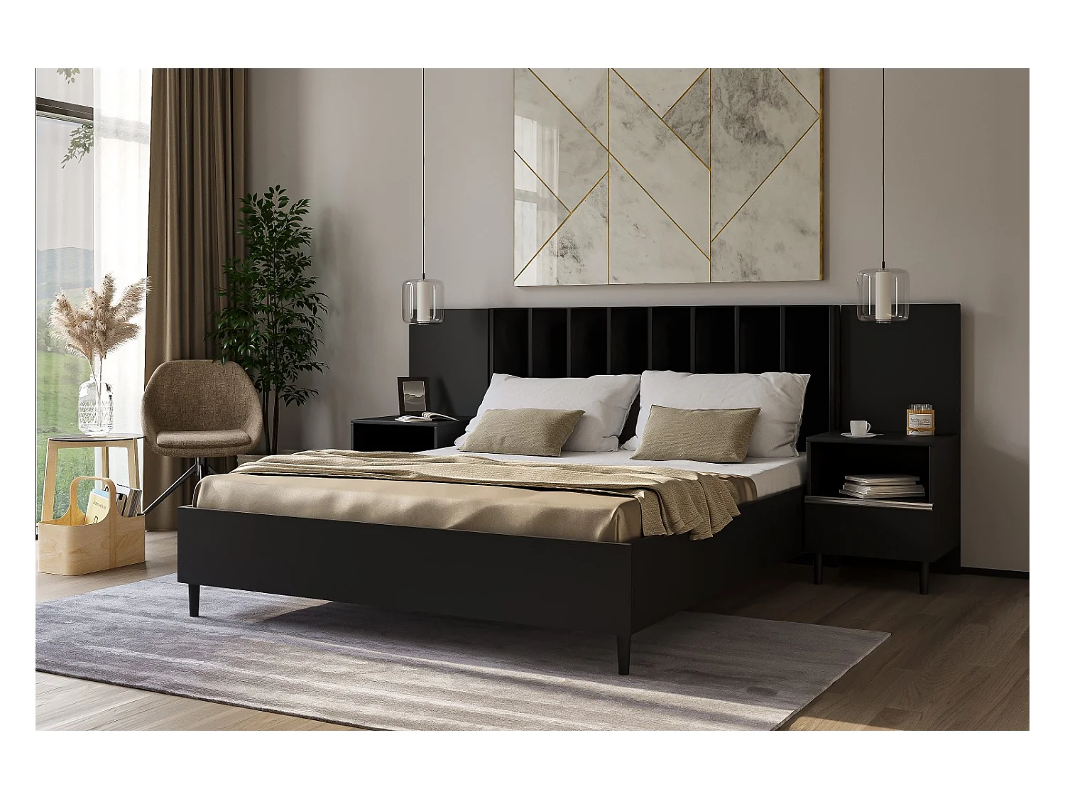 Doppelbett Luk I 160 x 200 cm ohne Matratze Bett mit Lattenrost Jugendbett Kopfteil mit Bettkasten ohne Nachttisch (schwarz, Jasmine 100 - schwarz)