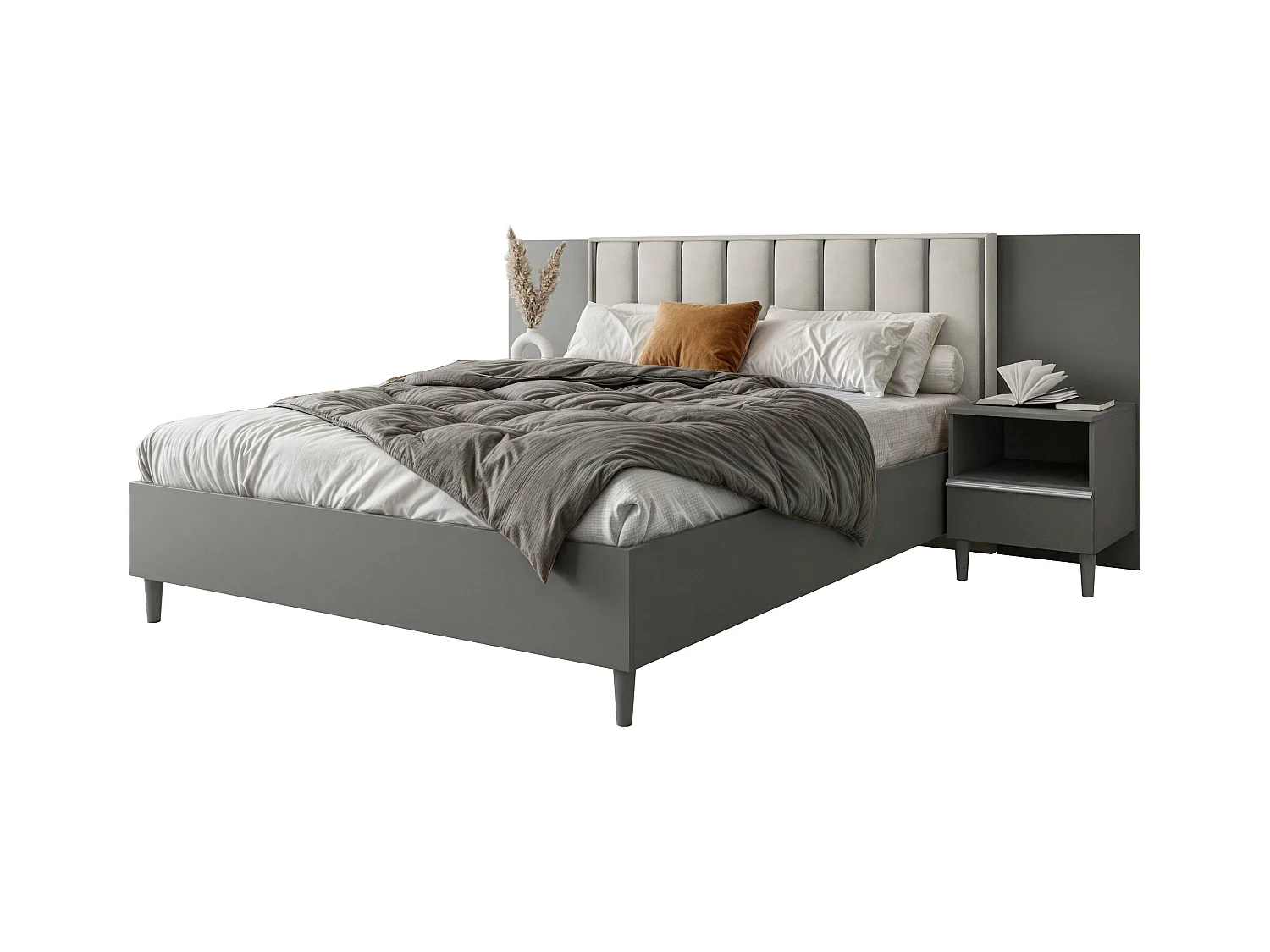 Doppelbett Luk I 160 x 200 cm ohne Matratze Bett mit Lattenrost Jugendbett Kopfteil mit Bettkasten ohne Nachttisch (grau, Jasmine 21 - beige)