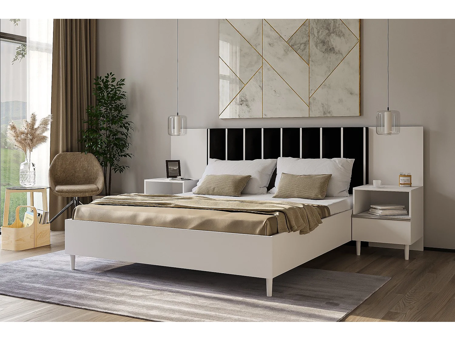 Doppelbett Luk I 160 x 200 cm ohne Matratze Bett mit Lattenrost Jugendbett Kopfteil mit Bettkasten ohne Nachttisch (weiß, Jasmine 100 - schwarz)