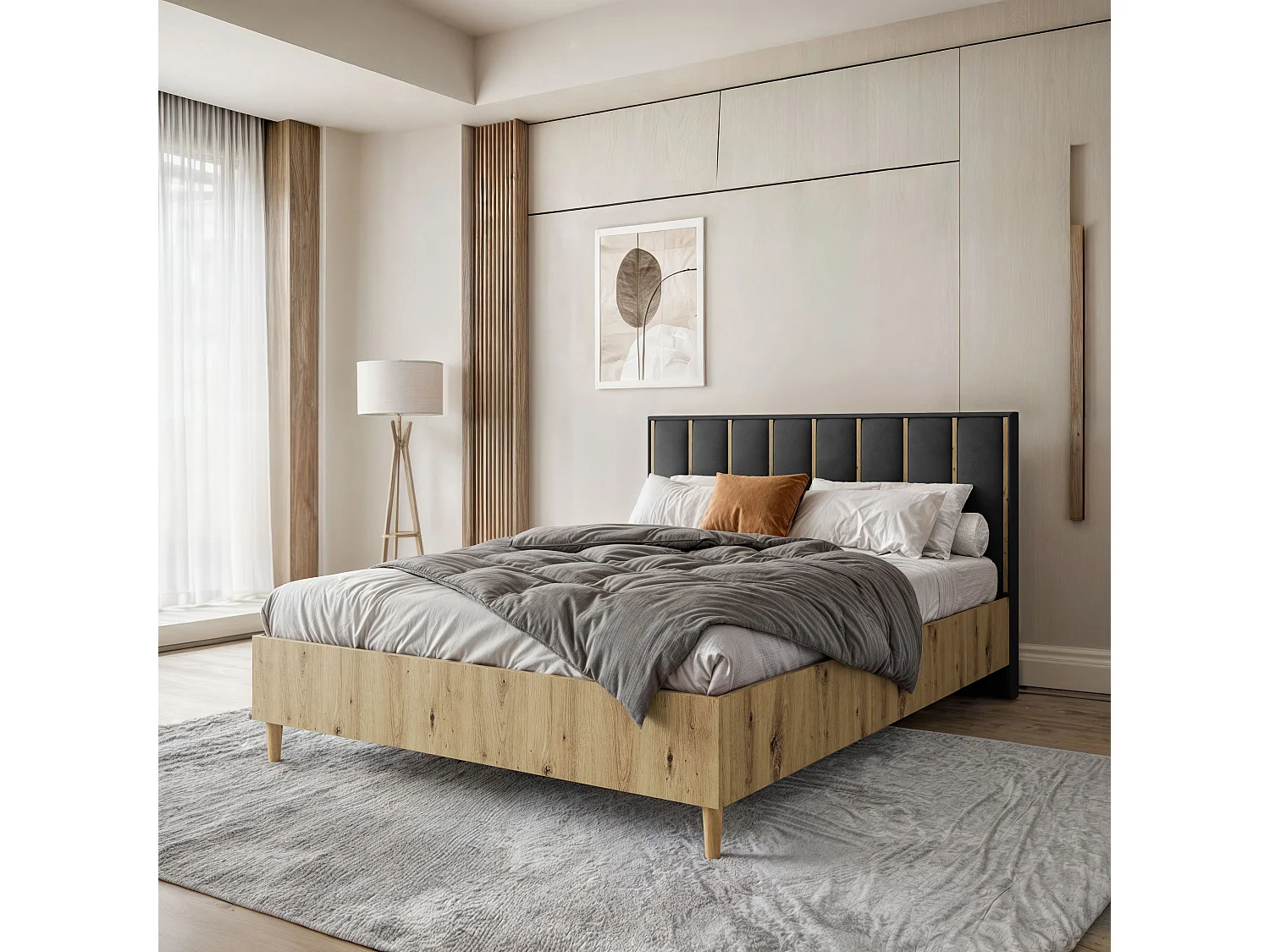 Doppelbett Luk I 160 x 200 cm ohne Matratze Bett mit Lattenrost Jugendbett Kopfteil mit Bettkasten ohne Nachttisch (artisan, Jasmine 100 - schwarz)