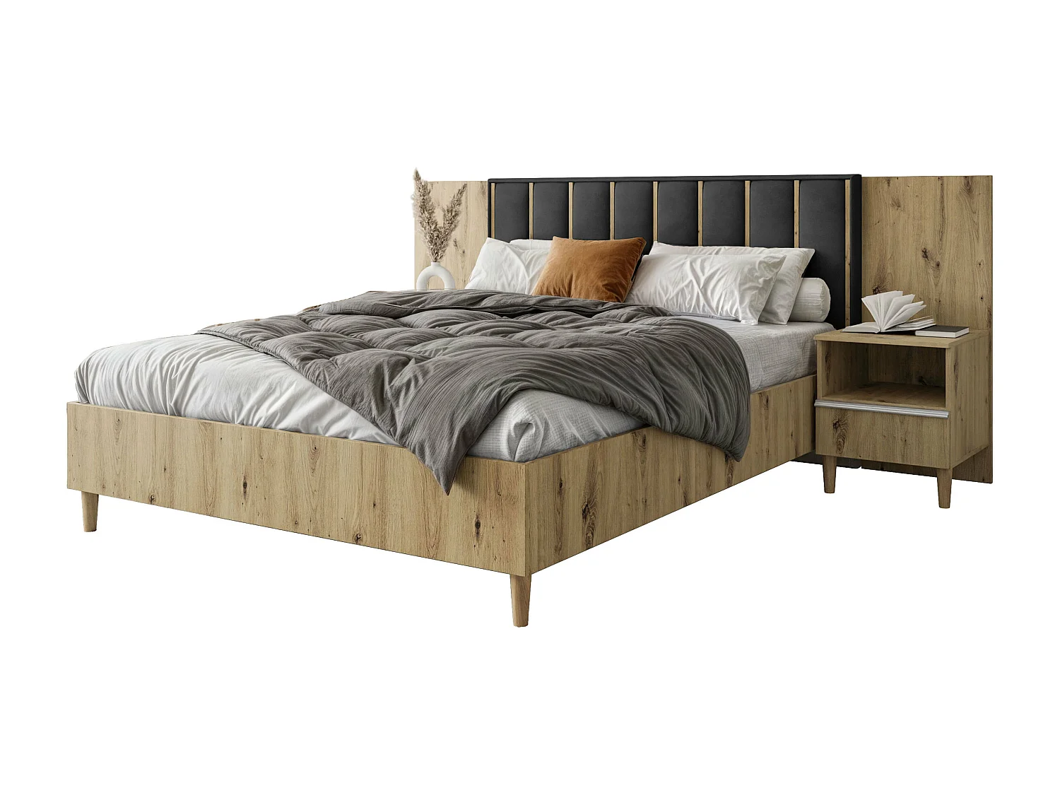 Doppelbett Luk I 160 x 200 cm ohne Matratze Bett mit Lattenrost Jugendbett Kopfteil mit Bettkasten ohne Nachttisch (artisan, Jasmine 100 - schwarz)