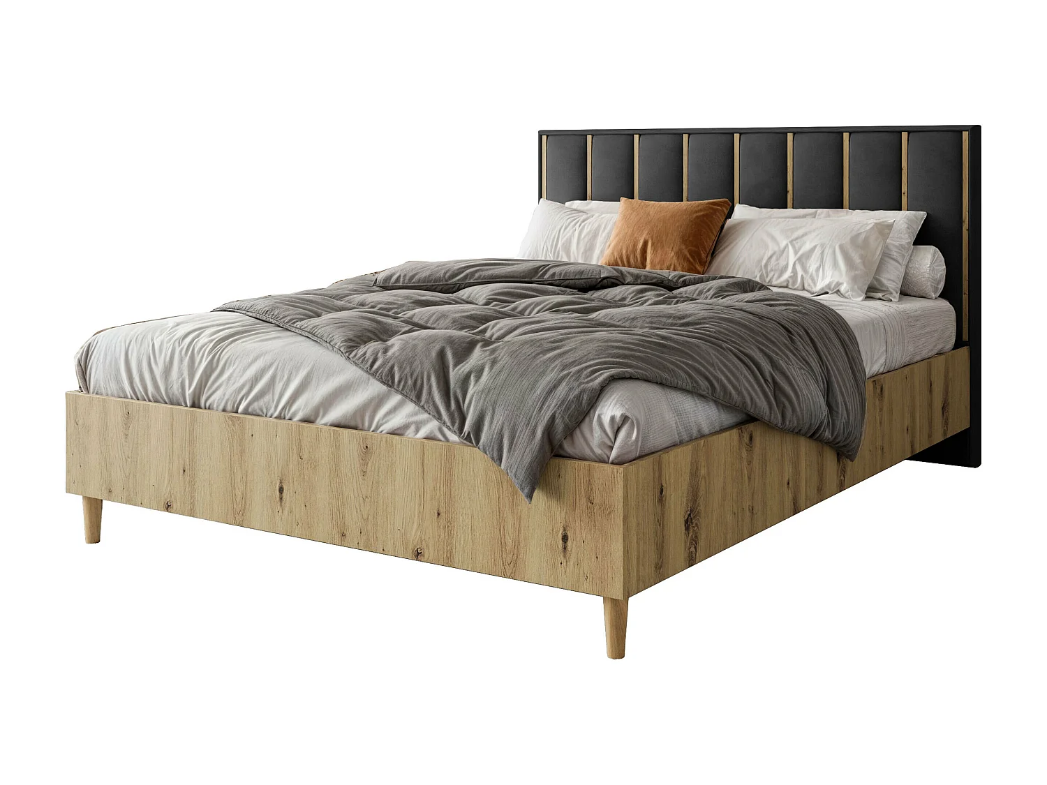 Doppelbett Luk I 160 x 200 cm ohne Matratze Bett mit Lattenrost Jugendbett Kopfteil mit Bettkasten ohne Nachttisch (artisan, Jasmine 100 - schwarz)