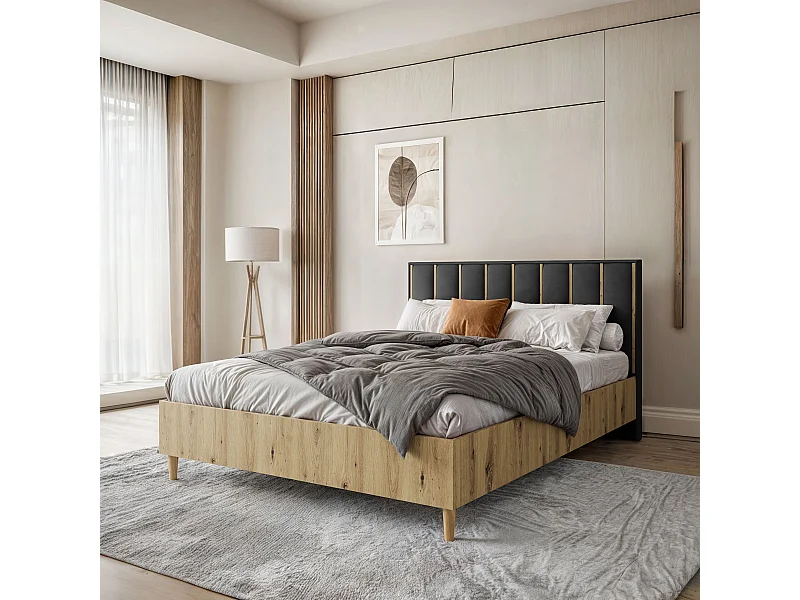 Doppelbett Luk I 160 x 200 cm ohne Matratze Bett mit Lattenrost Jugendbett Kopfteil mit Bettkasten ohne Nachttisch (artisan, Jasmine 100 - schwarz)