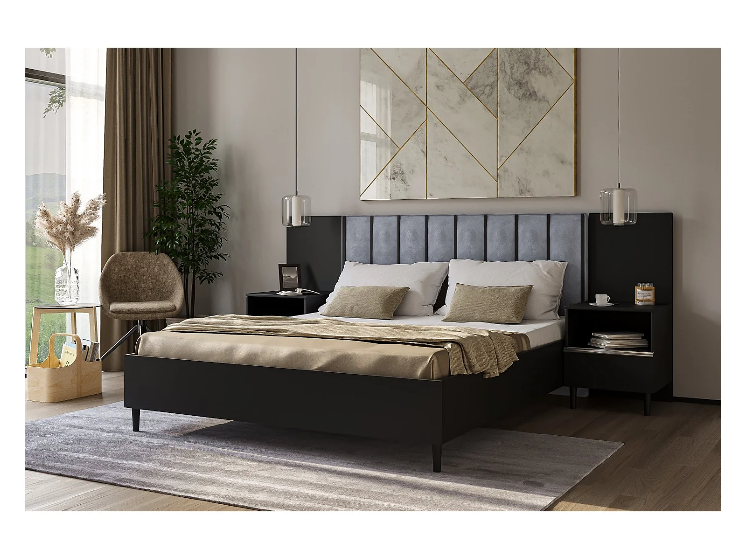 Doppelbett Luk I 160 x 200 cm ohne Matratze Bett mit Lattenrost Jugendbett Kopfteil mit Bettkasten ohne Nachttisch (schwarz, Jasmine 90 - grau)