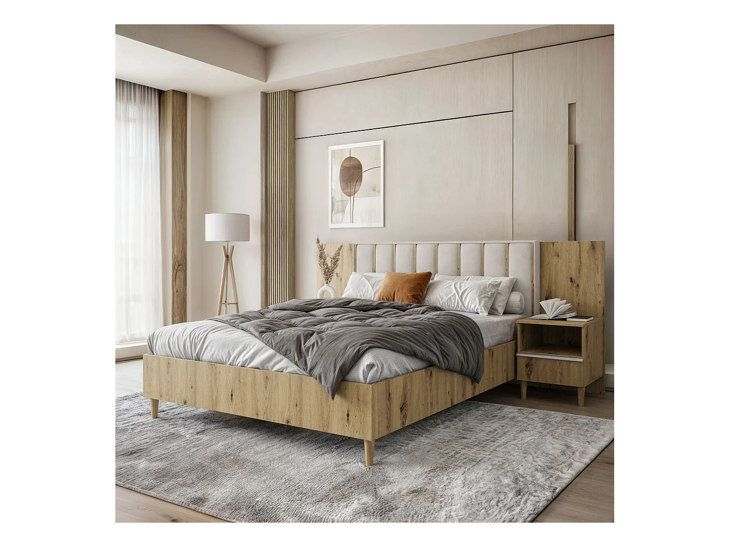 Doppelbett Luk I 160 x 200 cm ohne Matratze Bett mit Lattenrost Jugendbett Kopfteil mit Bettkasten ohne Nachttisch (Eiche artisan, Jasmine 21 - beige)