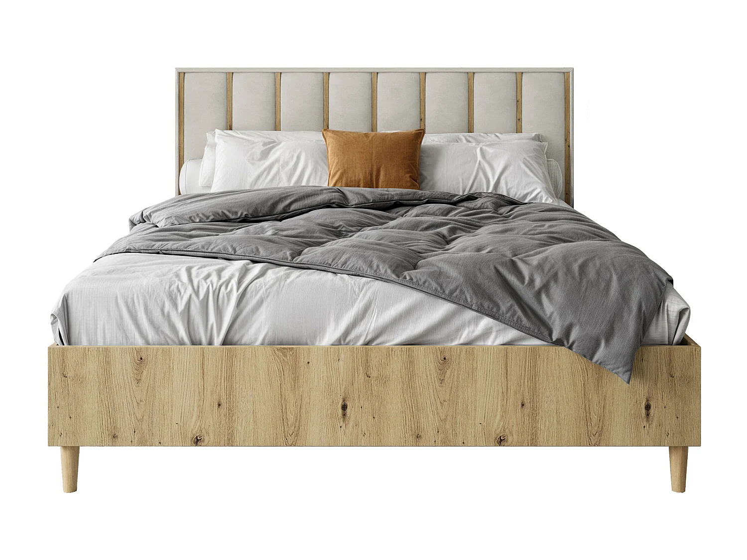 Doppelbett Luk I 160 x 200 cm ohne Matratze Bett mit Lattenrost Jugendbett Kopfteil mit Bettkasten ohne Nachttisch (Eiche artisan, Jasmine 21 - beige)