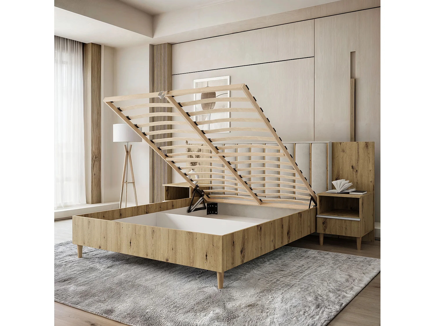 Doppelbett Luk I 160 x 200 cm ohne Matratze Bett mit Lattenrost Jugendbett Kopfteil mit Bettkasten ohne Nachttisch (Eiche artisan, Jasmine 21 - beige)