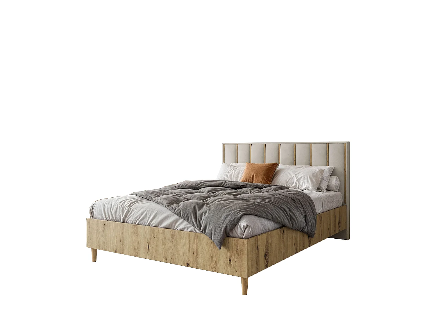 Doppelbett Luk I 160 x 200 cm ohne Matratze Bett mit Lattenrost Jugendbett Kopfteil mit Bettkasten ohne Nachttisch (Eiche artisan, Jasmine 21 - beige)