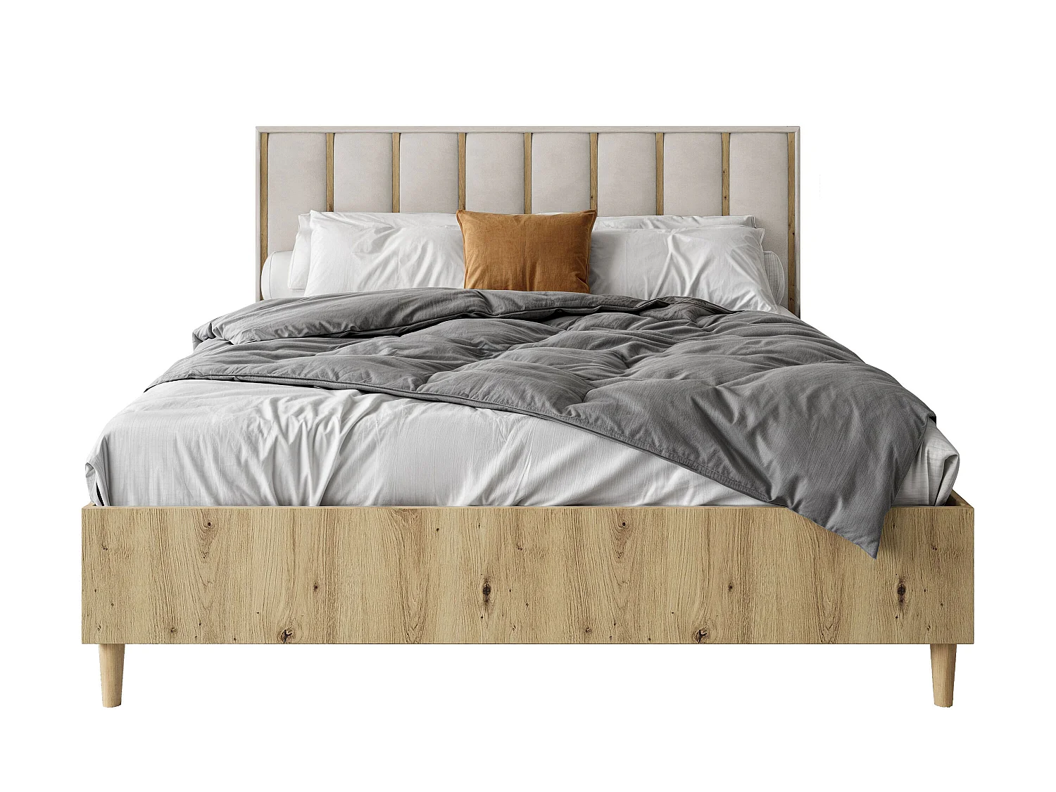 Doppelbett Luk I 160 x 200 cm ohne Matratze Bett mit Lattenrost Jugendbett Kopfteil mit Bettkasten ohne Nachttisch (Eiche artisan, Jasmine 21 - beige)