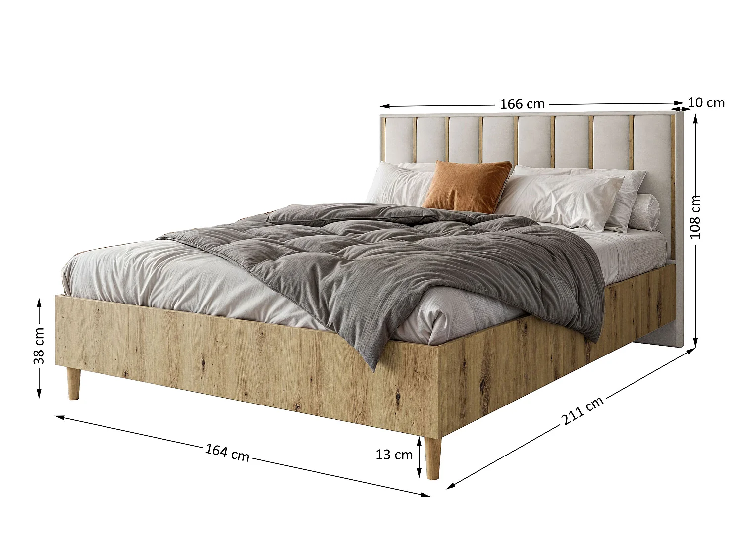 Doppelbett Luk I 160 x 200 cm ohne Matratze Bett mit Lattenrost Jugendbett Kopfteil mit Bettkasten ohne Nachttisch (Eiche artisan, Jasmine 21 - beige)