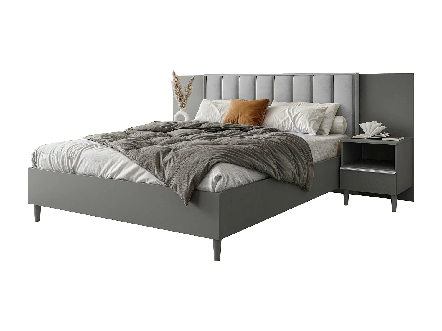 Doppelbett Luk I 160 x 200 cm ohne Matratze Bett mit Lattenrost Jugendbett Kopfteil mit Bettkasten ohne Nachttisch (grau, Jasmine 90 - grau)