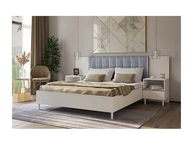 Doppelbett Luk I 160 x 200 cm ohne Matratze Bett mit Lattenrost Jugendbett Kopfteil mit Bettkasten ohne Nachttisch (weiß, Jasmine 90 - grau)